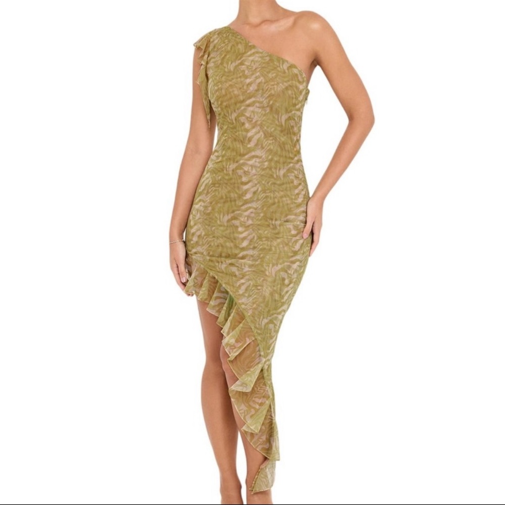 Mistress Rocks Asymmetrical Ruffle Olive Midi Dress